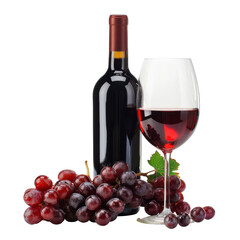 Red wine bottle and glass with grapes