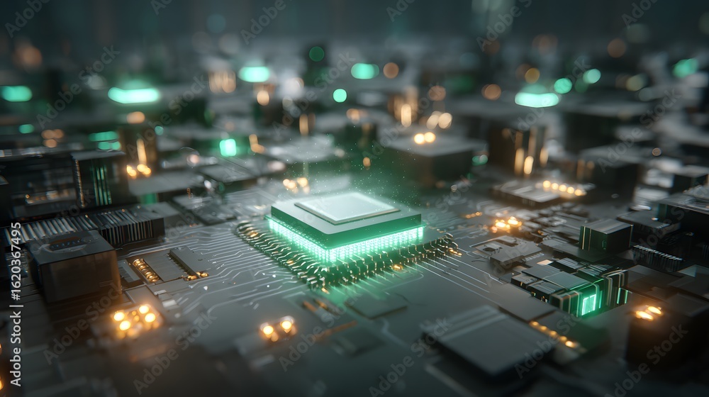Aufkleber close-up view of a complex circuit board with glowing components.