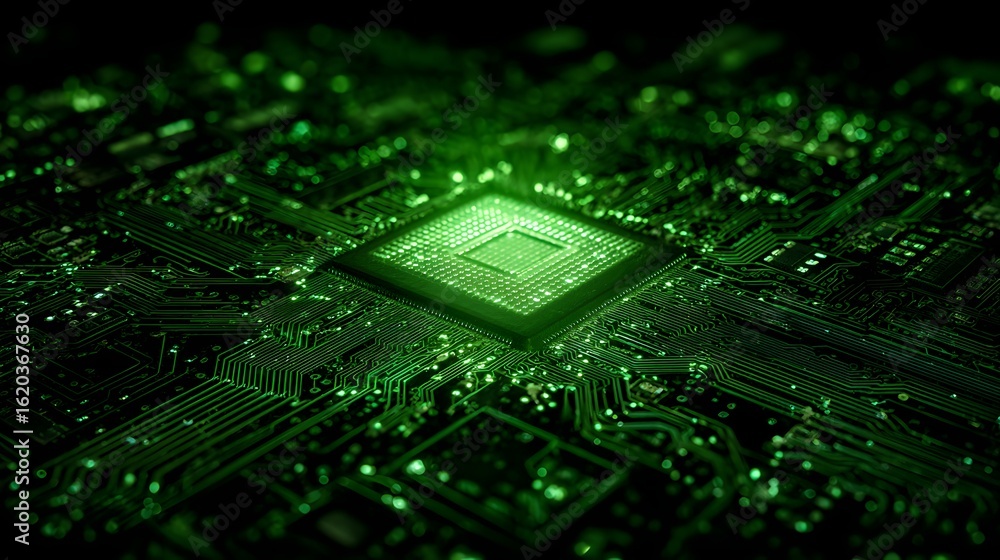 Poster close-up view of a computer circuit board with a processor chip.