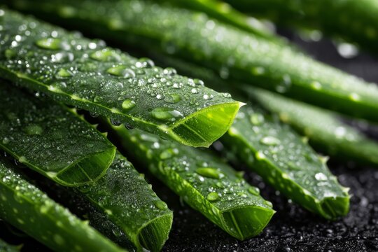 Freshly cut aloe vera leaves glistening with water droplets on a dark surface in a kitchen setting