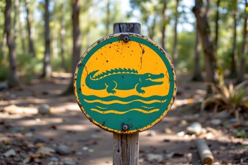 Crocodile Warning Sign: A weathered sign with a striking image of a crocodile, its vibrant colors standing out against the serene natural backdrop of a sun-dappled trail.