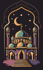 illustrations vector icon collection of Ramadan Islamic symbols items and a mosque.
