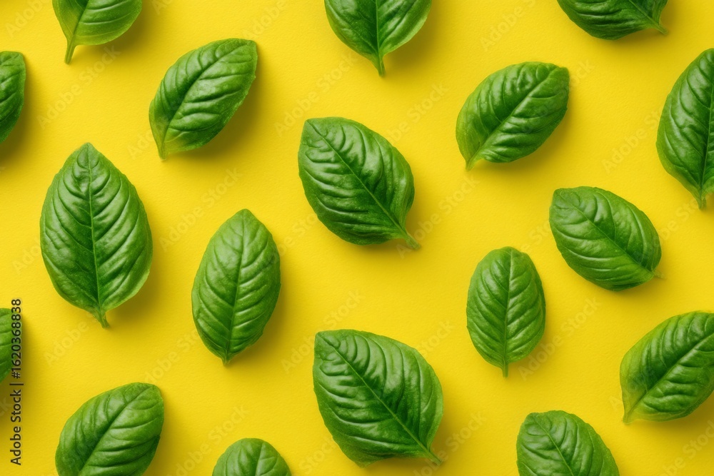 Poster fresh basil leaves arranged on a bright yellow background create a vibrant and appealing display in 