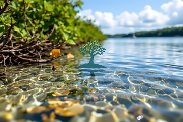 Serene Waterscape: A transparent illustration of a tree in clear, sun-kissed waters, embodying tranquility with a blurred background of greenery and a vast sky.