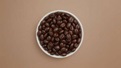Aromatic Roasted Coffee Beans in White Bowl on Brown Background for Coffee Lovers and Drink Enthusiasts