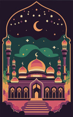 illustrations vector icon collection of Ramadan Islamic symbols items and a mosque.
