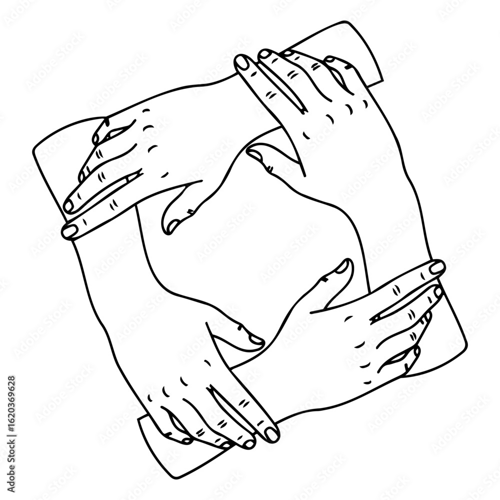 Poster four arms and hands intertwined forming a square in a line drawing on transparent background