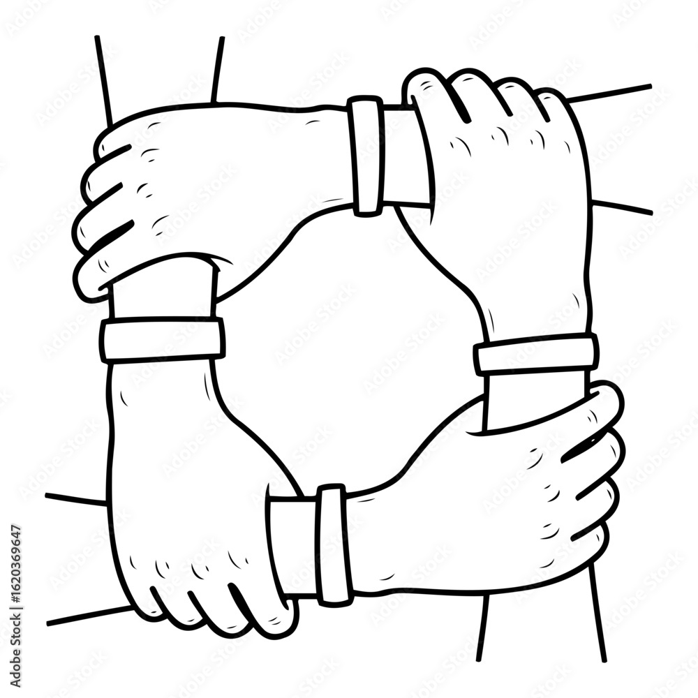 Poster four hands connected at the wrists forming a square shape in black outline on transparent background