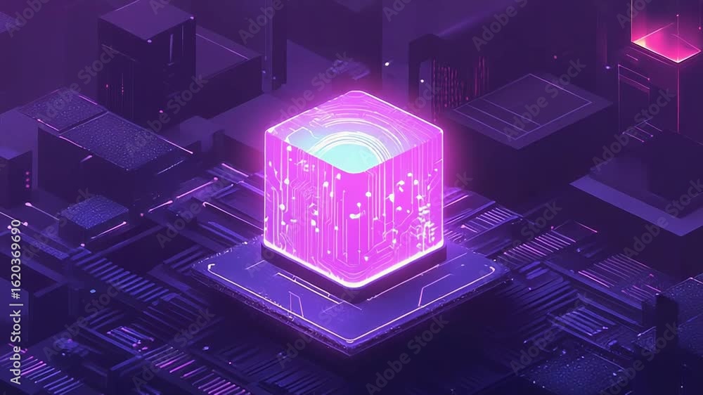 Poster glowing cube cpu processing data on motherboard in futuristic cityscape
