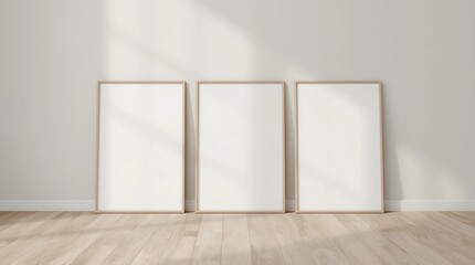 Blank vertical poster frame mock up standing on beige floor. Three wooden frames isolated in Scandinavian interior. 3d render 