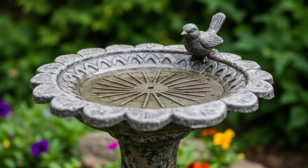 Decorative bird statue perched on the edge of a weathered birdbath in a garden setting.