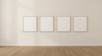 Blank vertical poster frame mock up standing on beige floor. Four wooden frames isolated in Scandinavian interior. 3d render