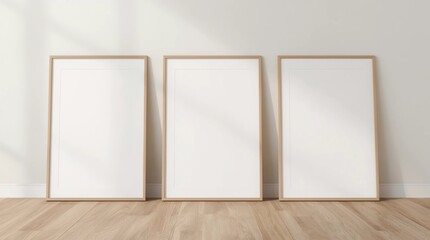 Blank vertical poster frame mock up standing on beige floor. Three wooden frames isolated in Scandinavian interior. 3d render 