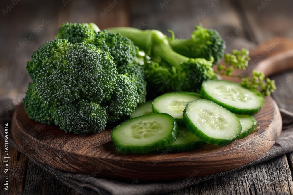 Poster freshly sliced cucumber and broccoli arranged on a wooden board in a rustic kitchen setting