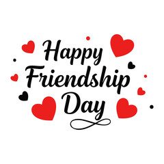 Happy friendship day text with red and black hearts on a white background on transparent background
