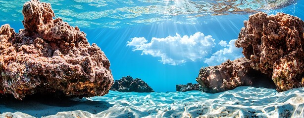 Vibrant Underwater Scene with Coral Structures and Sunlight Rays, Explore a stunning scene featuring vibrant coral formations bathed in sunlight. This serene, clear blue ocean view