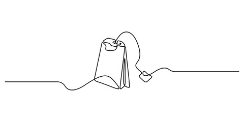 Continuous single line art of tea bag with string and tag, minimalist elegant kitchen concept illustration. One line art tea bag icon. Doodle vector illustration