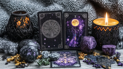 Mystical Tarot Reading Setup with Purple Crystals, Candlelight, and Cosmic Cards