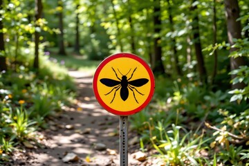 Mosquito Warning Sign in Forest: A vibrant sign warns of mosquito presence along a lush forest path, inviting viewers to appreciate the delicate balance of nature's ecosystem.