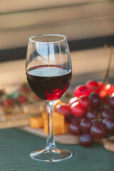 Red wine glass and assorted aperitivo snacks on wooden plate on a sunny garden party table.