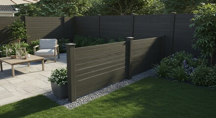 Modern backyard patio with dark wood fence, outdoor furniture and lush green lawn