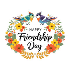 Two birds in a floral wreath celebrating happy friendship day message on transparent background