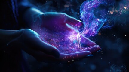 Close-up cinematic shot of artist hands holding glowing magical stylus pen, ethereal energy streams flowing upward forming translucent humanoid 