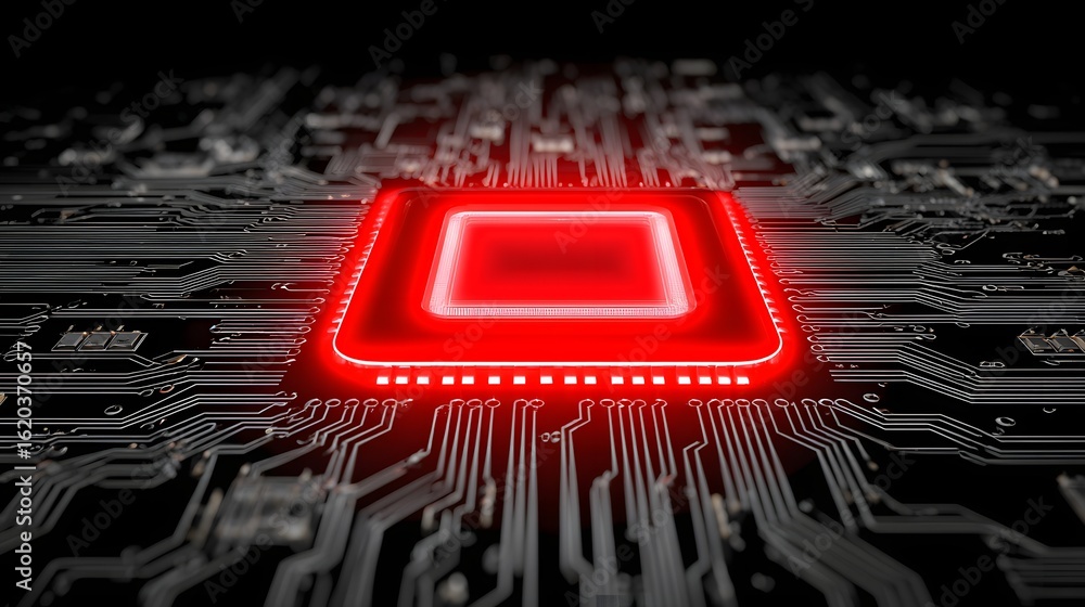 Poster close-up view of a glowing red computer processor on a circuit board.