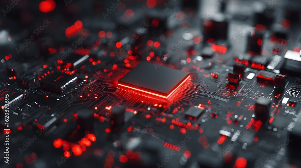 Poster close-up view of a computer circuit board with glowing components.