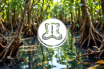 Boots in the Mangrove Forest: A pair of boots float over the mangrove forest with reflection water and roots, representing the harmony between nature and people.