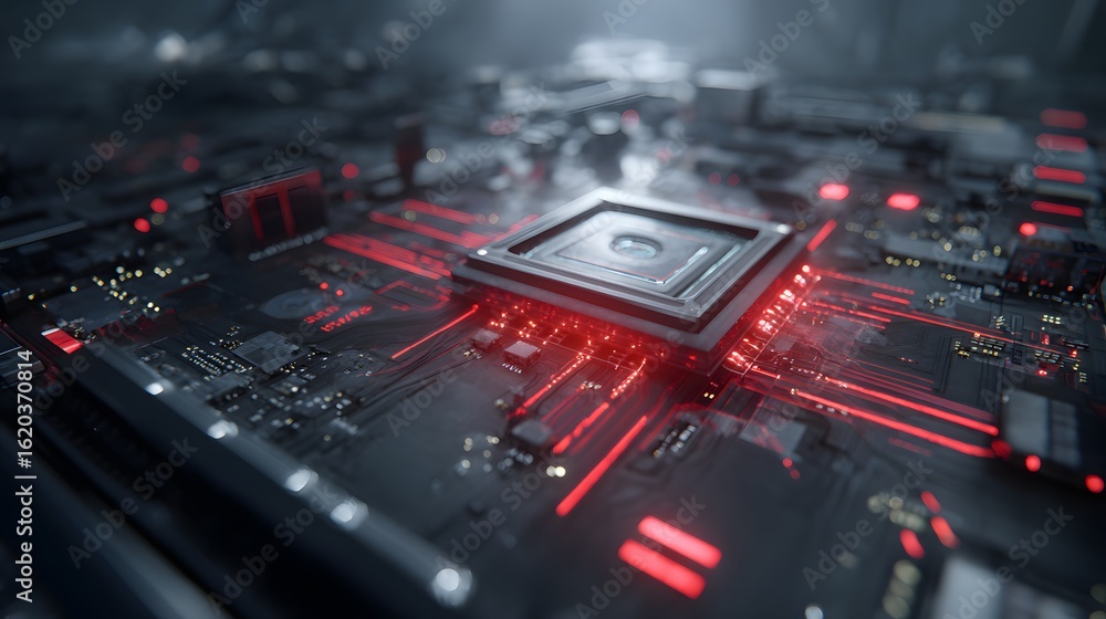 Poster close-up view of a circuit board with a central processor.