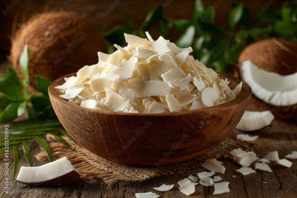 Poster coconut flakes arranged in a wooden bowl surrounded by fresh coconuts and greenery in a rustic setti