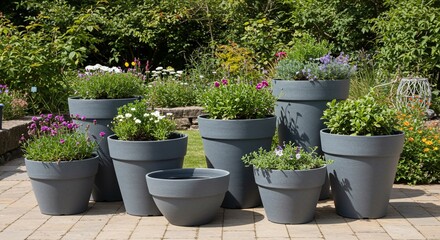 Collection of gray flowerpots with colorful flowers on a brick patio in a garden