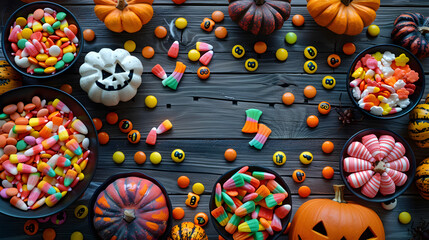 Flatlay of Halloween Candy Spread on Wooden Table, in high resolution clean minimal style stock photo illustration background image ideal for templates advertisements and web banners showcasing modern