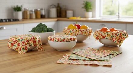 Floral beeswax food wraps covering bowls of fruit and vegetables on a wooden kitchen table