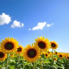 Obraz premium 해바라기가 가득한 밭 햇살을 받은 꽃들이 여러개 클로즈업A field full of sunflowers. Close-up of several sunlit flowers
