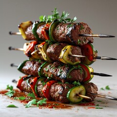 shish kebab on skewers grilled meat with vegetables food pork beef barbecue lunch gourmet cuisine delicious dish grill fresh healthy kebab restaurant white background close-up