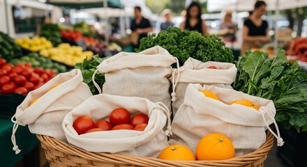 Fresh Produce Overflowing from Reusable Bags in a Woven Basket at a Farmers Market