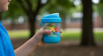 Child's hand holding a blue snack container filled with colorful cereal outdoors