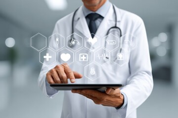 Healthcare professional using digital tablet to access medical data modern clinic health technology indoor environment close-up view innovative practices for patient care