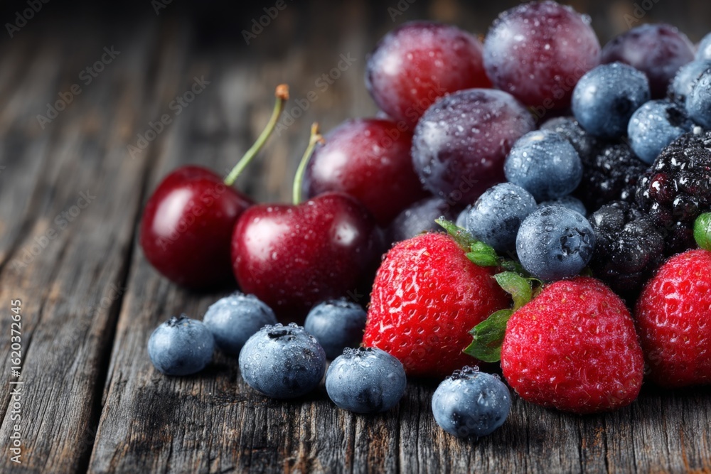 Aufkleber freshly picked assorted berries and cherries arranged on a rustic wooden surface just after a light 