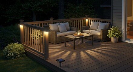 Illuminated deck at night with outdoor furniture and warm ambient lighting