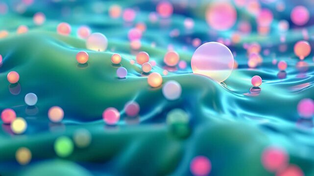 Serene Teal Liquid Surface with Floating Pastel Spheres: Abstract 4K Background