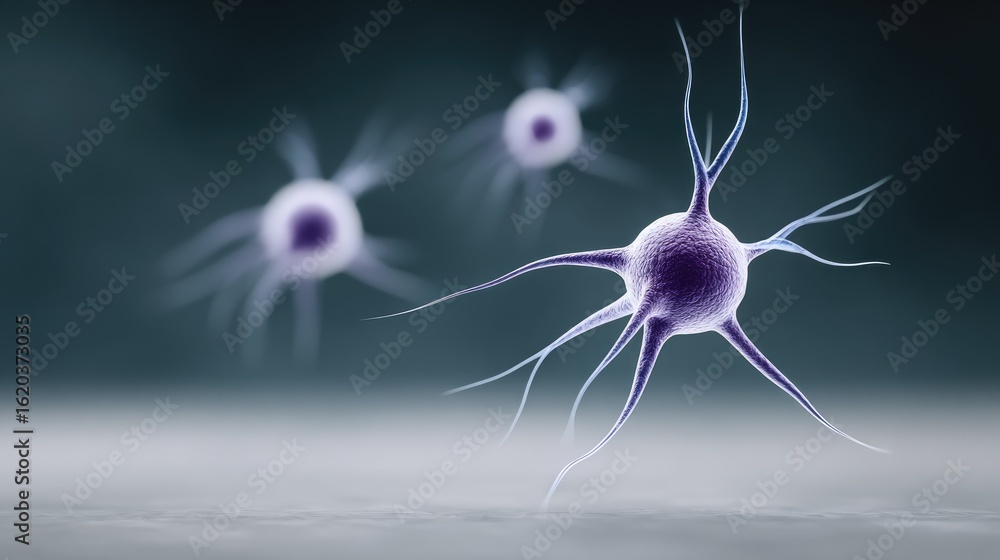 Poster exploring cellular interactions microscopic neurons engaging in complex communication in a laborator