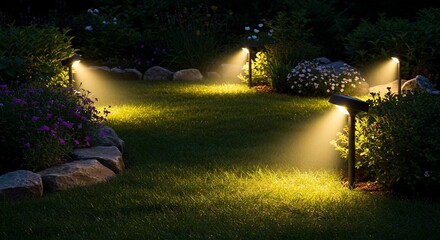 Illuminated Garden Path with Landscape Lighting at Night, Flowers and Green Grass