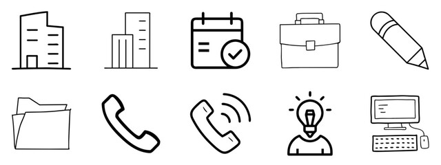 Collection of Business Communication Icons Including Calendar, Folder, Phone, Light Bulb, and File for Office and Technology Projects

