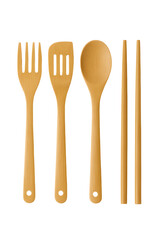 Set of bamboo kitchen utensils and chopsticks isolated on white background