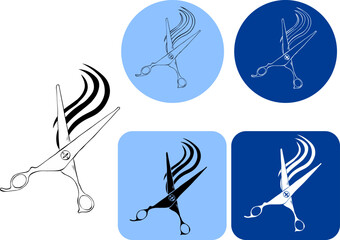 Scissors and hair sign for beauty Salon logotype.. Vector graphic line ink illustration. Silhouette sign for logo, print, comics, fashion, pop art, boards, design, stickers, decoration, posters