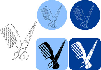 Scissors and hairbrush Salon logotype. Vector graphic line ink illustration. Sign crossed scissors and hairbrush Barbershop symbols. Design for package, cosmetic, textile, cards.