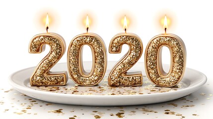 Glittering 2020 Candles on Plate with Celebrating New Year on White Background.